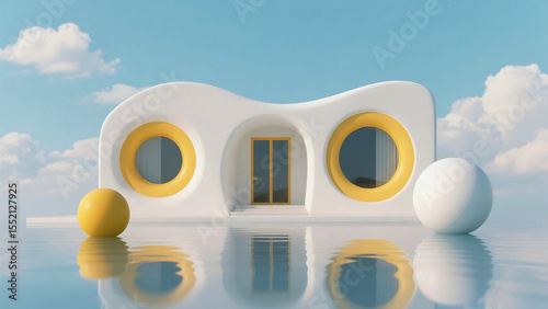 Modern, Whimsical House Floats on Water with Sunny Sky