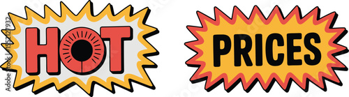 Bold and Retro Themed Sale Advertisement Featuring Eye Catching Graphic Elements for Hot Prices and Eye Catching Deals