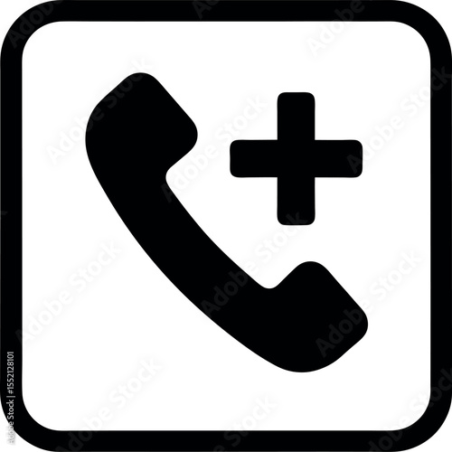 Phone receiver with plus sign in rounded square silhouette vector illustration