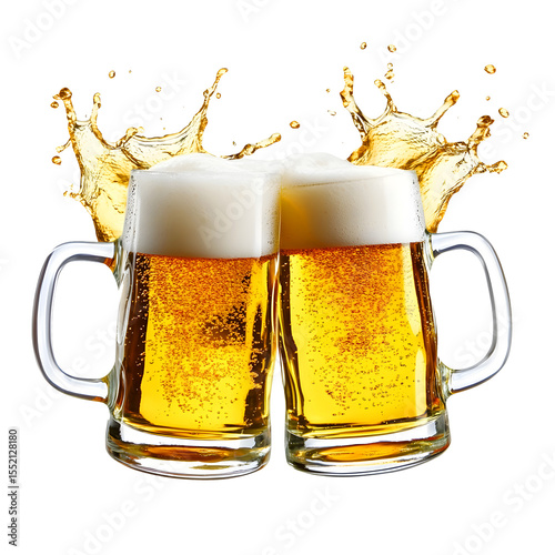 Two beer mugs clinking together with a splash of golden beer on a white background celebrating a toast