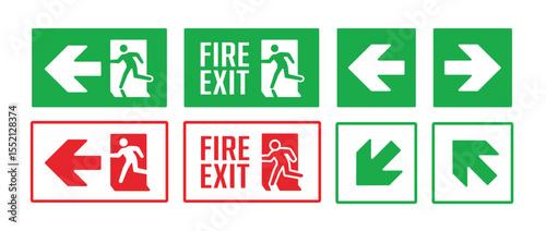 set emergency exit signs, fire exit icons and directions