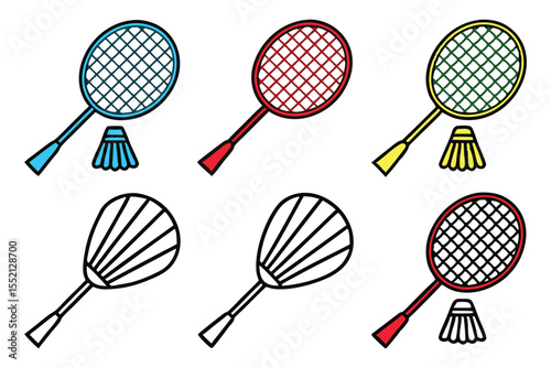 Colorful Badminton Racket and Shuttlecock Silhouettes Set