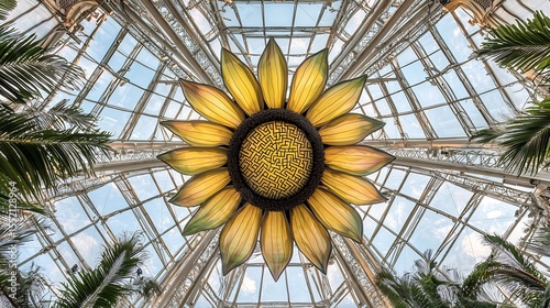 Maze built into the petals of a sunflower spinning under a glass sky