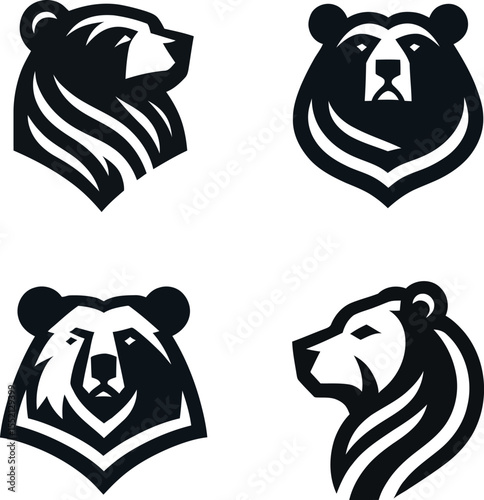 Bear Logos: A collection of striking bear head logos in bold black and white, each showcasing unique design elements. Perfect for branding.