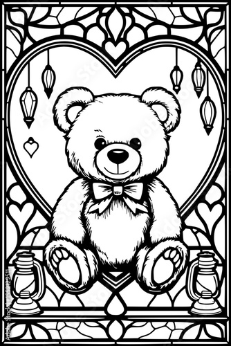 Ausmalbild Teddybär mit Herz – Kindgerechtes Glasmalerei-Motiv zum Ausmalen in Schwarz-Weiß