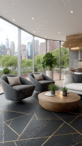A stylish living room with black matte tiles and golden accents showcases a cozy sofa, yellow pillows, and elegant wooden decor