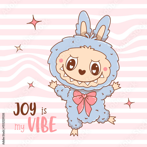 Joyful Cute Monster Toy. Cool Funny kawaii Character on Groovy Distorted Stripe Background. Vector illustration. Kids collection