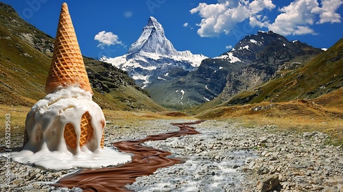 Melting ice cream cone turning into a waterfall feeding a river of chocolate through a fantasy valley