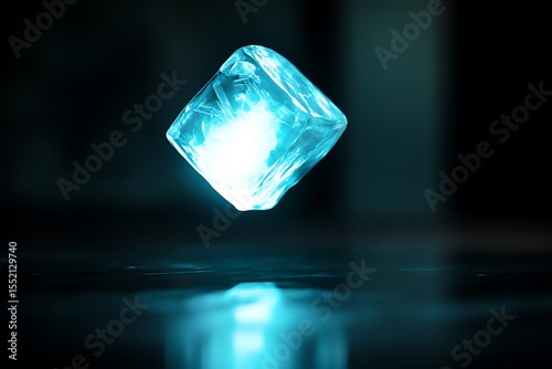 A surreal glowing ice cube floating in mid-air, reflecting a soft blue light on a dark surface.