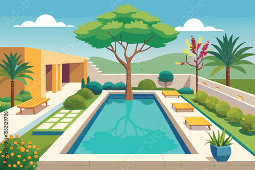Tropical luxury resort pool with palm trees, offering a relaxing summer vacation by the sea under a clear sky
