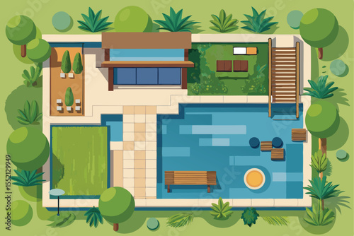 Whimsical cartoon house illustration with a red door and window, set within a lush landscape of trees and flowers