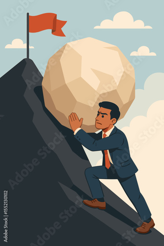 Businessman pushing a big boulder up a hill to reach the goal. Business metaphor for challenge, perseverance, hard work, determination, ambition, and success. Sisyphus concept.