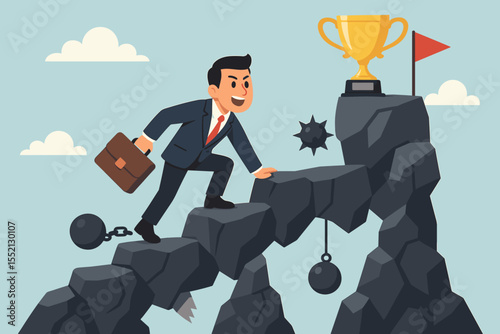 Achieving goal concept. Businessman climbing on rocks to reach trophy on top. Overcoming challenges, obstacles, burden and risk. Metaphor for career growth, success, determination and ambition.
