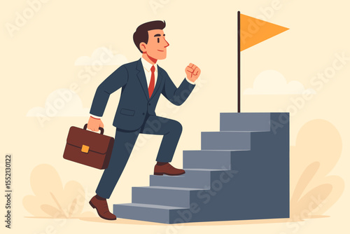 Career path concept with businessman climbing stairs to success. Ambitious professional with briefcase moving up to reach a goal. Metaphor for progress, development and achievement.