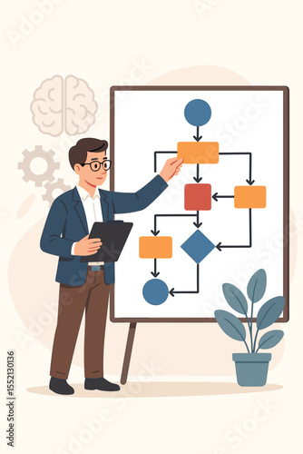 Business analyst explaining a flowchart diagram on a whiteboard. Concept of structural thinking, logic, workflow optimization, and project management. Data process and strategy vector.