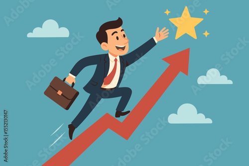Businessman reaching for star on growing arrow. Business success, career growth, ambition concept. Man with briefcase aims for goal. Aspiration and motivation vector illustration.