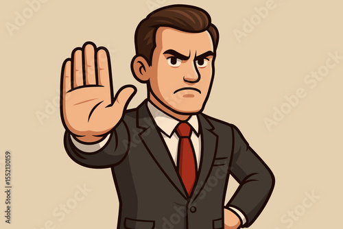 Angry businessman with stop hand gesture. Assertive manager or boss concept showing rejection or denial sign. Prohibiting access or expressing strong disapproval. Vector cartoon illustration.