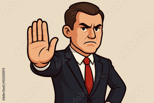 Businessman showing stop gesture. Angry boss or manager says no with hand sign. Concept for rejection, disapproval, refusal, and denial. Warning or prohibition. Vector cartoon.