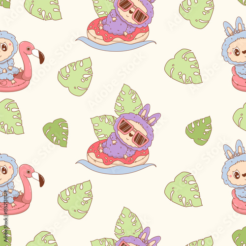 Seamless pattern with Beach Cute Monster Toy swim on inflatable pink flamingo and donut on white background with tropical leaves. Kids Funny summer kawaii character. Vector illustration