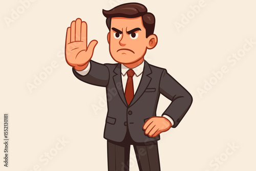 Businessman shows stop hand gesture. Assertive leadership concept. Angry manager or boss in suit signaling refusal and disapproval. Denial, prohibition, warning, and boundary concept.