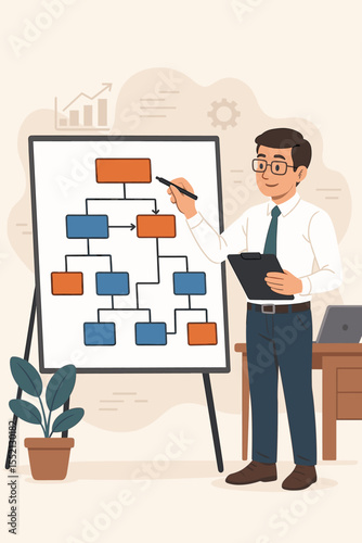 Businessman analyst creating a flowchart for business analysis on a whiteboard. Concept of structural thinking, logic, and project management. Corporate workflow and strategy planning.