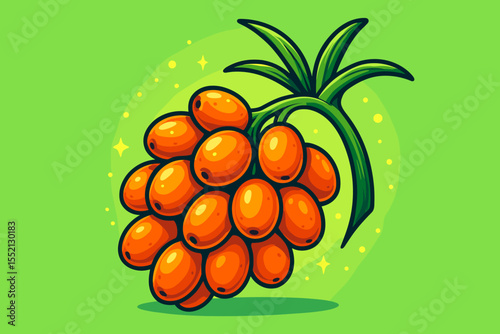 Sea buckthorn branch with orange berries. Cartoon vector illustration of Hippophae plant. Fresh healthy fruit bunch. Palm fruit concept. Isolated graphic icon for natural food design.