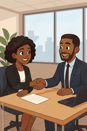 Black businesswoman and man shaking hands in office. African American partners closing a deal, reaching agreement. Job interview success, hiring, recruitment, successful partnership concept. Vector.