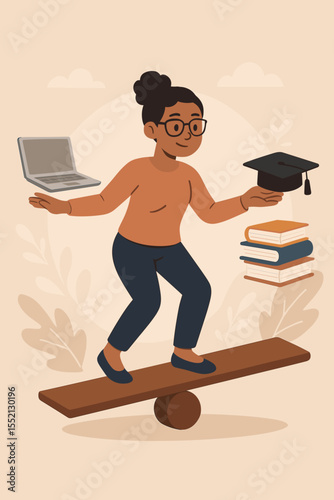Balancing work and education concept. Man juggling a briefcase and graduation cap on a tightrope. Metaphor for skill development, personal growth, and career advancement. Vector illustration.