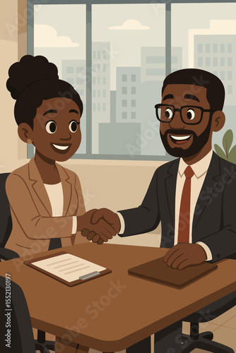 African-American businesswoman and businessman handshake. Concept for successful corporate partnership, closing a deal, or a job interview agreement. Diverse professionals in office. Vector.