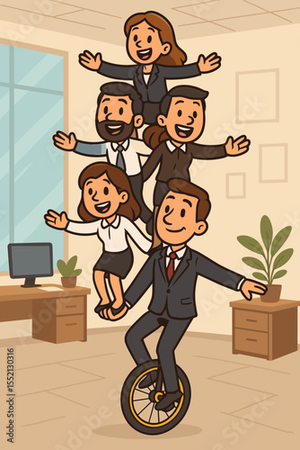 Businessman leader balancing team on unicycle. Concept for teamwork, collaboration, and skillful management. Corporate acrobats showing trust, support, stability and risk.