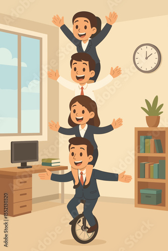 Teamwork concept metaphor. Business leader balancing team on unicycle. Human pyramid of employees in office. Collaboration, support, trust and balance for corporate success.