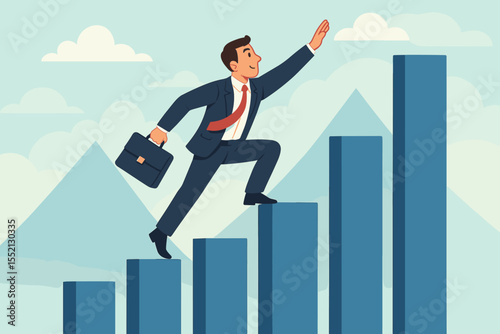 Ambitious businessman climbing bar graph steps with briefcase, reaching new heights, career success, professional growth, business leadership, achievement, motivation, corporate progress concept
