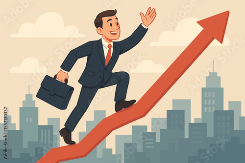 Ambitious businessman climbs rising arrow for career growth and professional success, achievement in business, leadership, concept of upward mobility in corporate cityscape, vector illustration