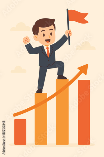Businessman celebrates career growth standing on a rising bar chart. Success, achievement, and victory concept. Man with flag reaches top goal. Leadership and financial progress.