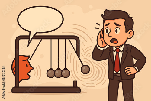 Metaphor for cause and effect in communication. Businessman listening to information causing a chain reaction. Concept of gossip, rumors, and consequences. Newton's cradle vector.