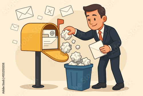 Businessman sorting mail, throwing spam in a trash can. Email inbox cleaning and decluttering concept. Efficient digital communication management, deleting junk mail, and organization.
