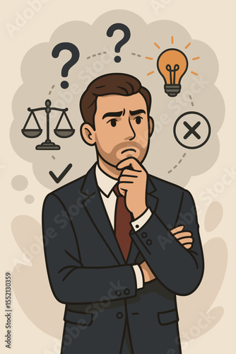 Businessman contemplating critical decisions, analyzing options and priorities. Man thinking with question marks, scales, and lightbulb. Concept of choice, dilemma, problem solving.