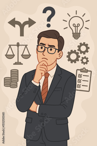 Businessman making a critical decision. Man thinking at a crossroads, analyzing options and priorities. Concept of choice, strategy, problem-solving, and risk assessment. Vector.