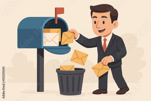Businessman sorting mail, throwing spam letters into the trash. A concept for decluttering an inbox, junk mail filtering, and effective data management and organization. Vector cartoon.