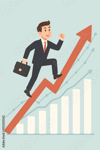 Financial success and career growth concept. Businessman with briefcase running up a rising arrow graph. Metaphor for stock market investment, profit, progress, and achievement.