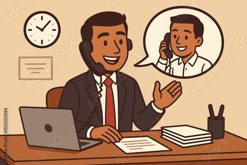 Cartoon businessman in suit at desk making office phone call, effective workplace communication skills, teamwork, colleague conversation, corporate professional work environment vector illustration