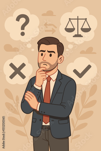 Businessman contemplating critical decisions, analyzing options and priorities. Man thinking about a problem, weighing pros and cons. Concept of choice, dilemma, doubt, business strategy.