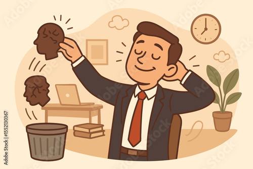 Businessman eliminating stress mask, finding inner peace, achieving professional happiness by discarding work anxiety, positive mindset, office self-care, mental health vector illustration