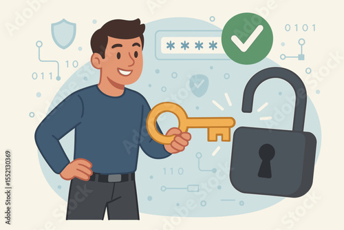 Businessman with golden key unlocking padlock, cybersecurity access, data protection, secure login, password management, privacy, authorization, internet security concept, vector illustration