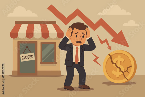 Stressed businessman facing small business closure, bankruptcy, financial crisis, cash flow problem, economic downturn, declining sales, cracked coin, closed shop, risk management concept illustration