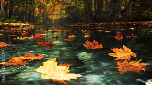 A tranquil forest stream with fallen autumn leaves floating on the waterâ€™s surface.