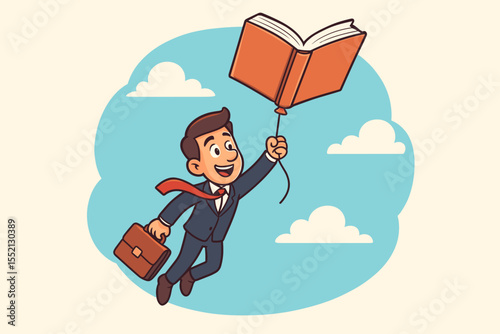 Businessman flying with a book balloon, a metaphor for career growth through knowledge and education. Concept of professional development, success, and learning for advancement.