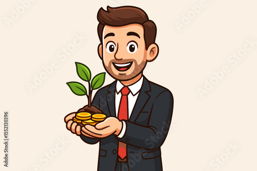 Businessman holding a seedling growing from coins, a money tree concept. Metaphor for financial investment, business growth, savings, and nurturing a startup for future profit.