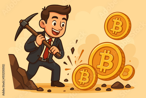 Businessman mining for bitcoins. Concept of cryptocurrency earning and digital currency investment. Vector cartoon character with pickaxe digging for financial profit and success.