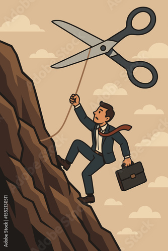 Corporate risk metaphor. Man in suit climbing a cliff with rope. Giant scissors cutting lifeline. Business crisis, sabotage, danger, adversity, challenge, termination, failure concept. Vector.
